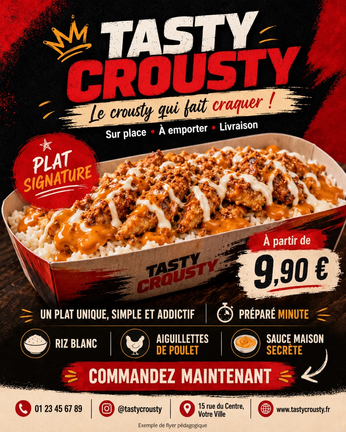 Flyer rouge et noir pour une offre de restauration