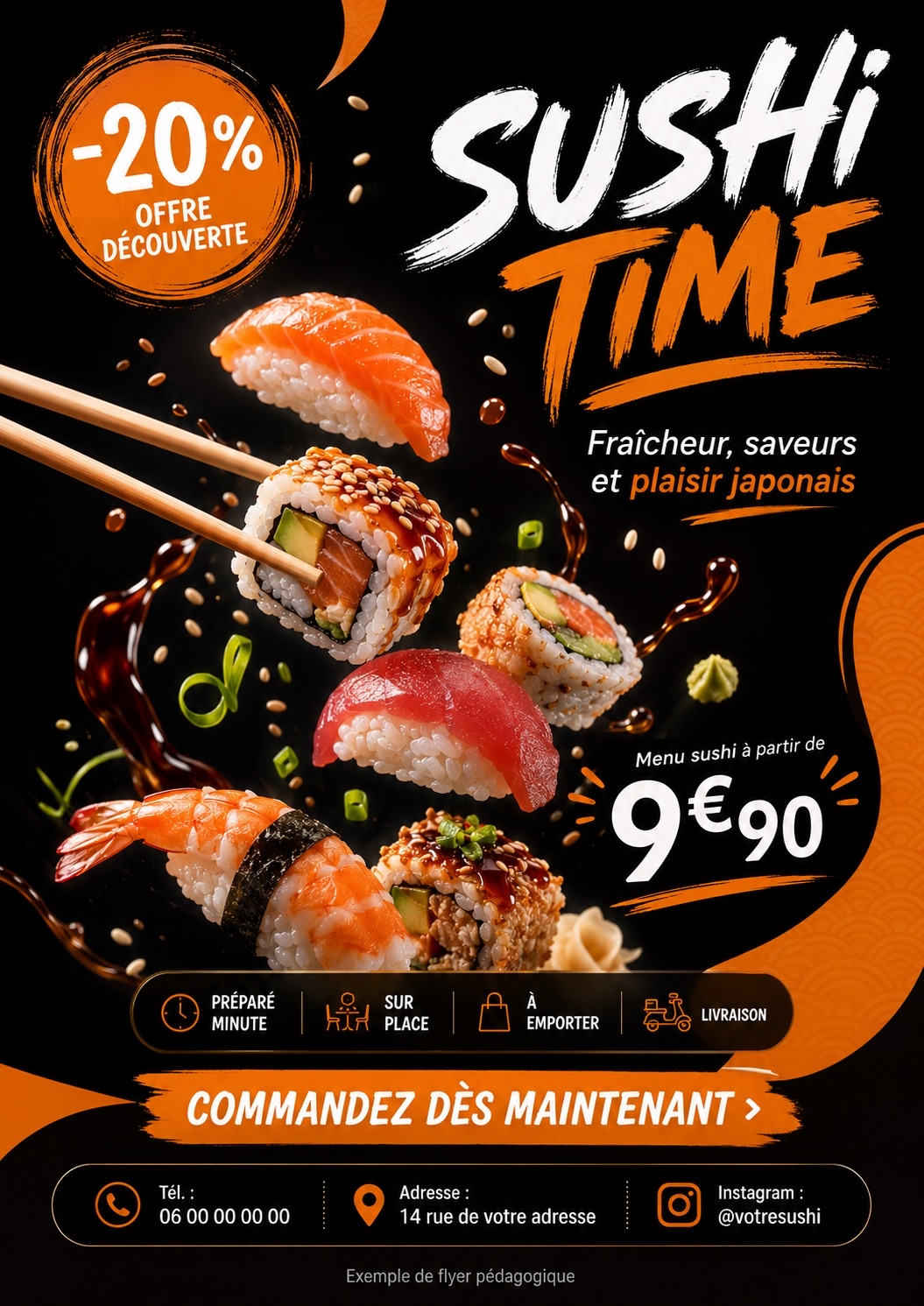 Flyer noir et orange pour une offre de sushi
