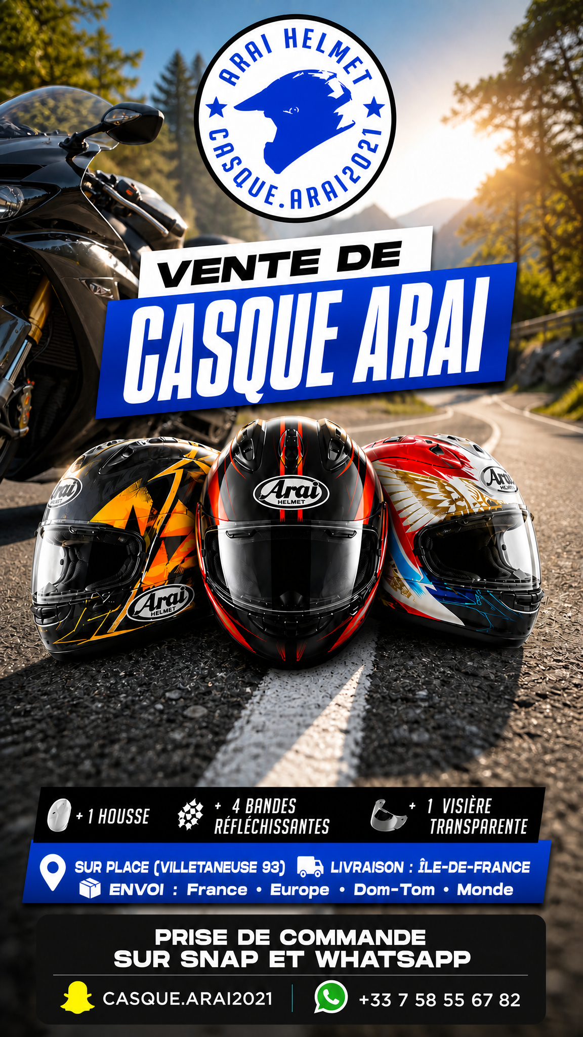 Flyer bleu pour la vente de casques de moto Arai