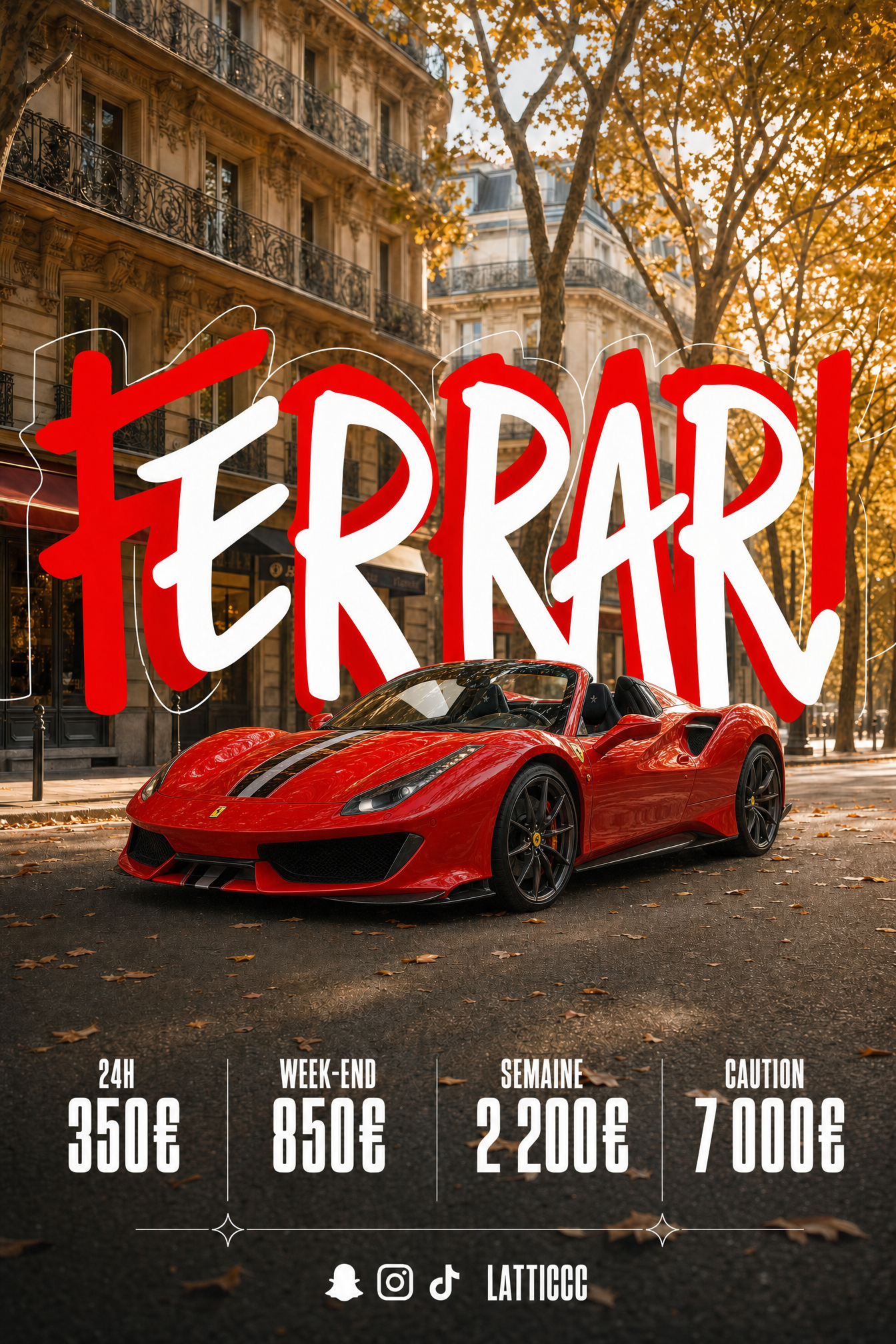 Flyer pour la location d'une voiture sportive à Paris